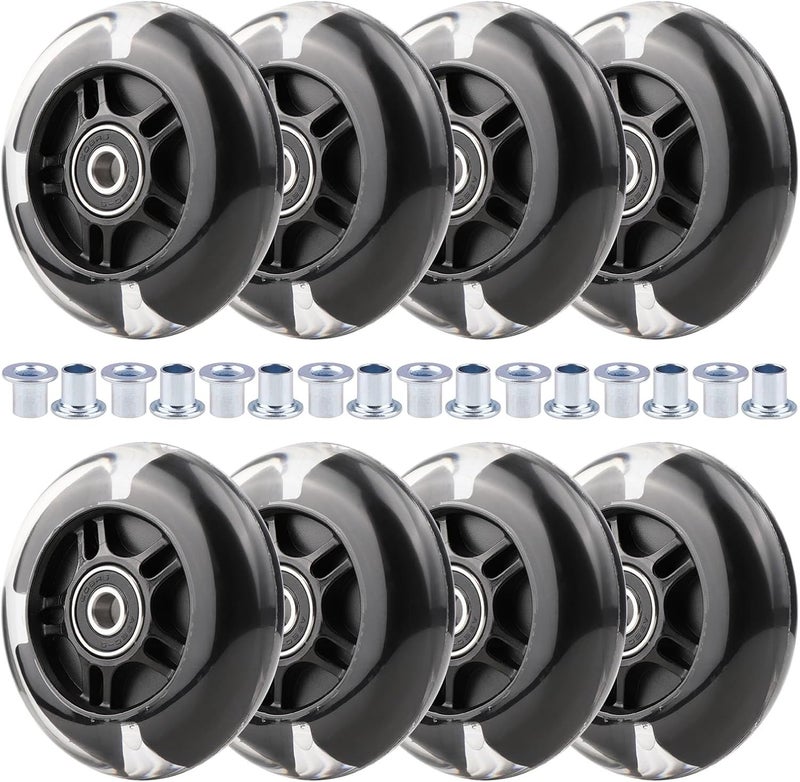 WHEELGOO 8 قطع عجلات التزلج على الجليد مع أضواء LED 64/70/72/76/80 مم مع حوامل 85-88A للأطفال والمبتدئين في التزلج على الجليد للاستخدام الداخلي/الخارجي (أسود، 80 مم) - Image 1